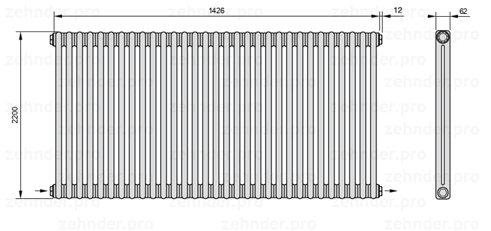 Схема (чертеж) Радиатор Zehnder Charleston 2220/31 №2670 Белый глянцевый RAL 9016